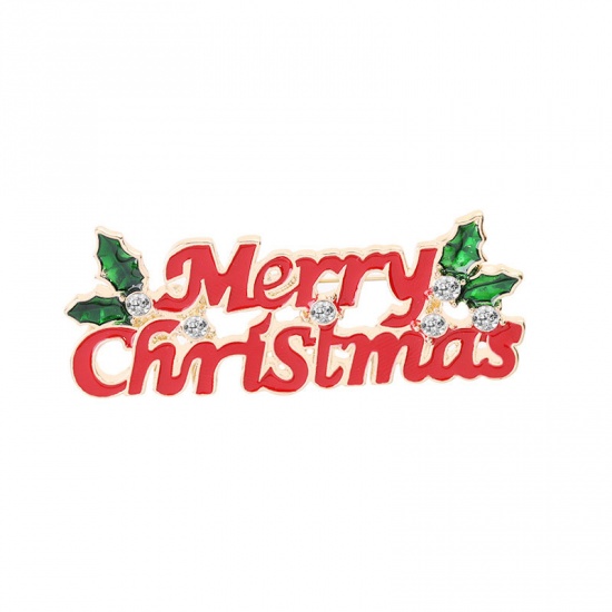ブローチ 文字 " Merry Christmas " レッド + 緑 透明ラインストーン 6.3cm x 2.5cm、 1 個 の画像