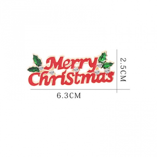 Изображение Основы для Брошей Сообщение " Merry Christmas " Красный & Зеленый Прозрачный горный хрусталь 6.3см x 2.5см, 1 ШТ