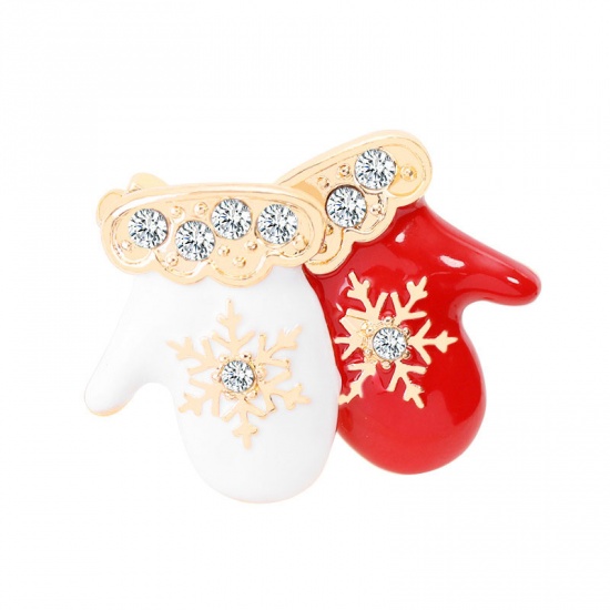 Picture of Pin Brooches Christmas Gloves White & Red Clear Rhinestone 3.5cm x 2.6cm, 1 Piece