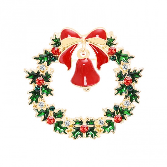 ブローチ クリスマスリース ベル 緑 透明 & 赤ラインストーン 4.2cm x 4.2cm、 1 個 の画像