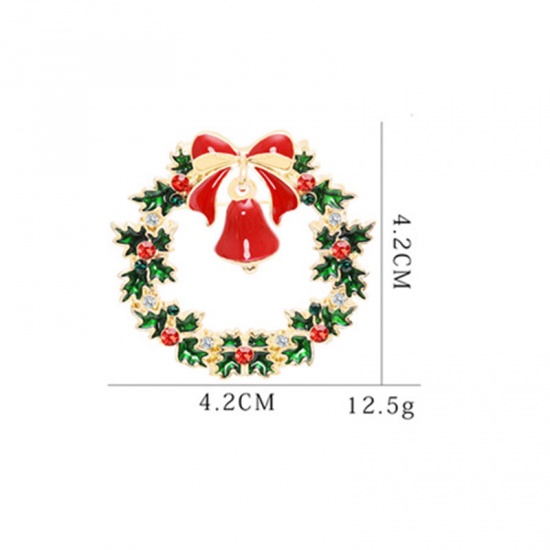 ブローチ クリスマスリース ベル 緑 透明 & 赤ラインストーン 4.2cm x 4.2cm、 1 個 の画像