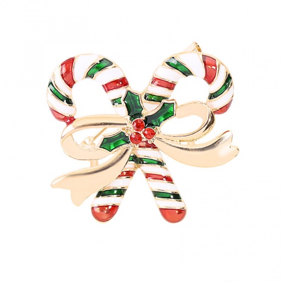 Picture of Pin Brooches Christmas Candy Cane Multicolor Red Rhinestone 1 Piece