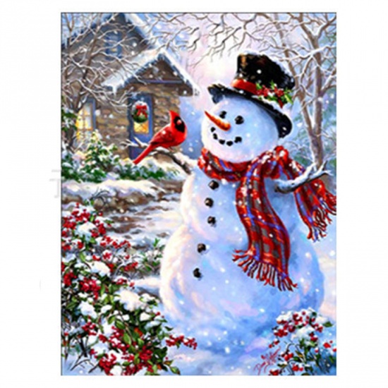 刺繍 DIY キット ダイヤモンド絵画ラインストーン 長方形 多色 クリスマス雪だるま 30cm x 20cm、 1 セット の画像