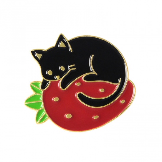 Imagen de Pin Broches Fresas Gato Negro & Rojo Esmalte 3cm x 2.8cm, 1 Unidad