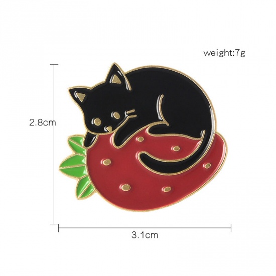 Изображение Основы для Брошей Клубника Кошка Черный & Красный С Эмалью 3см x 2.8см, 1 ШТ