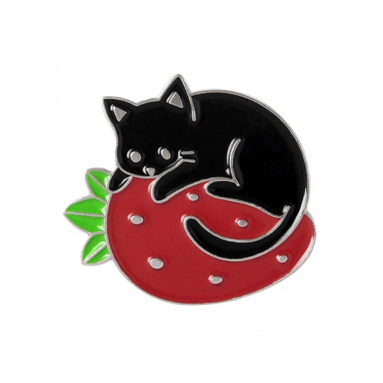 Bild von Brosche Erdbeeren Katze Schwarz & Rot Emaille 3cm x 2.8cm, 1 Stück