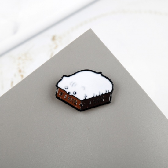 Picture of Pin Brooches Box Cat White & Brown Enamel 25mm x 19mm, 1 Piece