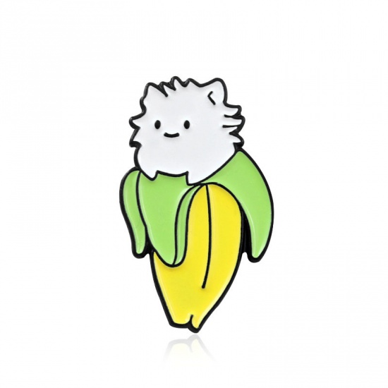 Изображение Основы для Брошей Бананы Кошка Зеленый и Желтый С Эмалью 25мм x 15мм, 1 ШТ