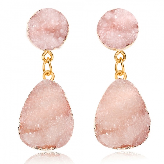 Picture of Druzy/ Drusy Earrings Drop Light Pink Rhinestone 4.2cm x 1.7cm, 1 Pair