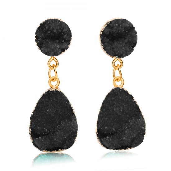 Picture of Druzy/ Drusy Earrings Drop Black Rhinestone 4.2cm x 1.7cm, 1 Pair