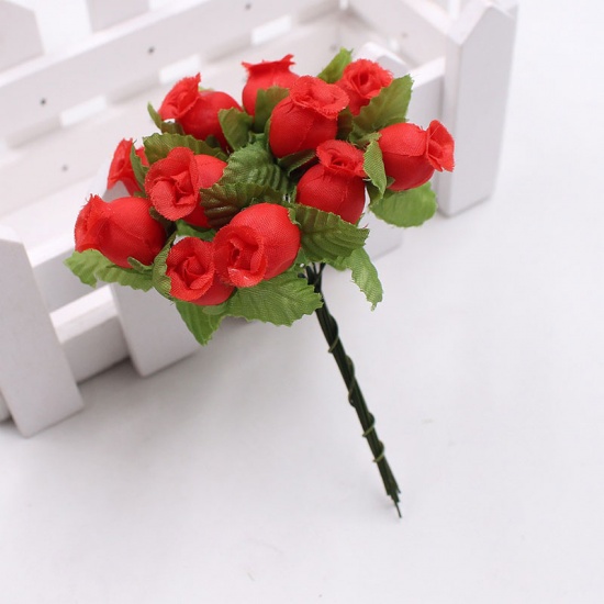 Picture of Red 12Pcs/lot Silk Artificial Flowers Mini Rose Bouquet Wedding Home Decoration Craft Card Gift DIY Wreath accessories