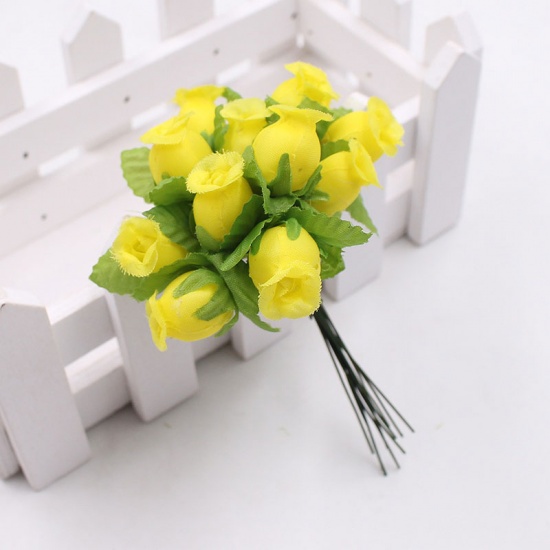 Picture of Yellow 12Pcs/lot Silk Artificial Flower Mini Rose Bouquet Wedding Home Decoration Craft Card Gift DIY Wreath accessories