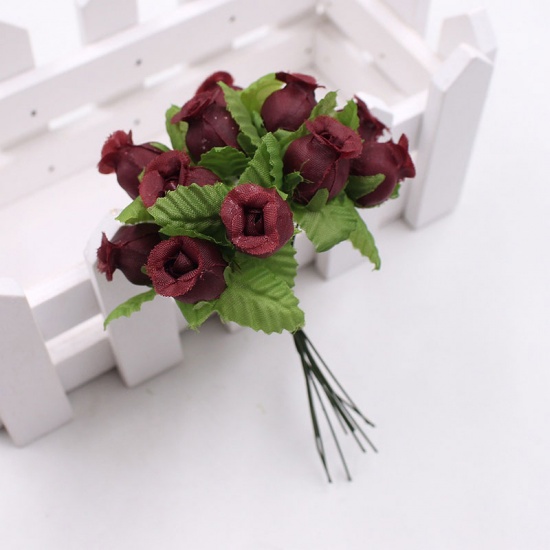Picture of Wine 12Pcs/lot Silk Artificial Flower Mini Rose Bouquet Wedding Home Decoration Craft Card Gift DIY Wreath accessories