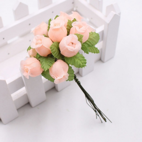 Picture of Champagne 12Pcs/lot Silk Artificial Flower Mini Rose Bouquet Wedding Home Decoration Craft Card Gift DIY Wreath accessories