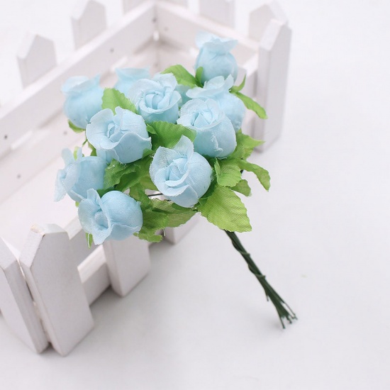 Picture of Skyblue 12Pcs/lot Silk Artificial Flower Mini Rose Bouquet Wedding Home Decoration Craft Card Gift DIY Wreath accessories