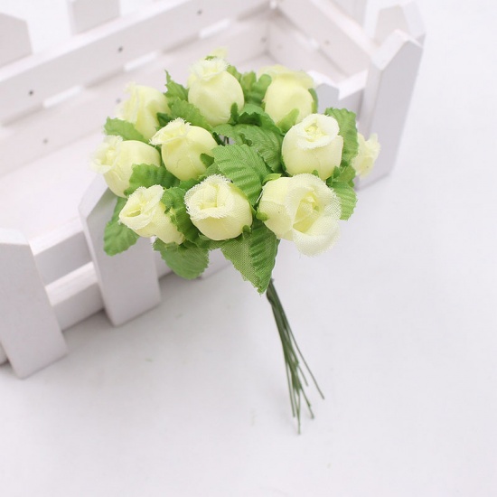 Picture of Off - white 12Pcs/lot Silk Artificial Flower Mini Rose Bouquet Wedding Home Decoration Craft Card Gift DIY Wreath accessories