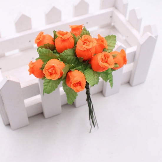 Picture of Deep orange 12Pcs/lot Silk Artificial Flower Mini Rose Bouquet Wedding Home Decoration Craft Card Gift DIY Wreath accessories