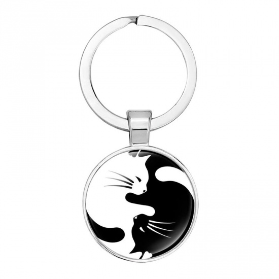 Picture of Argent- Yin and yang Taiji cat footprints personalized time gem key ring pendant