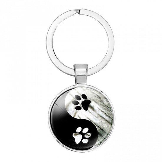 Picture of Silver Tone - Yin and yang Taiji cat footprints personalized time gem key ring pendant