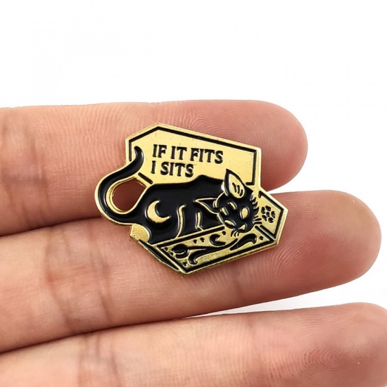 Picture of Pin Brooches Cat Animal Moon Gold Plated Black Enamel 25mm x 23mm, 1 Piece