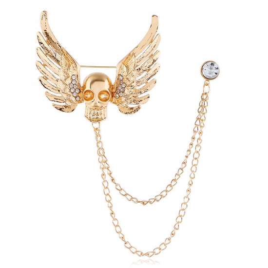 Picture of Halloween Pin Brooches Skull Wing Gold Plated Clear Rhinestone 12.5cm, 1 Piece