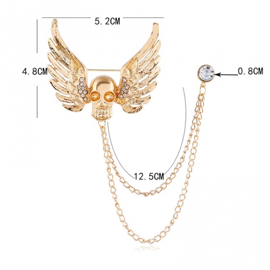 Picture of Halloween Pin Brooches Skull Wing Gold Plated Clear Rhinestone 12.5cm, 1 Piece