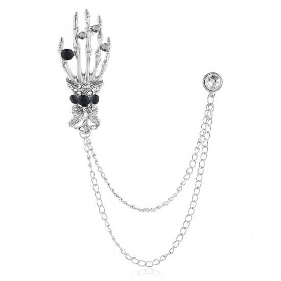 Picture of Halloween Pin Brooches Hand Silver Tone Black & Clear Rhinestone 12.5cm, 1 Piece