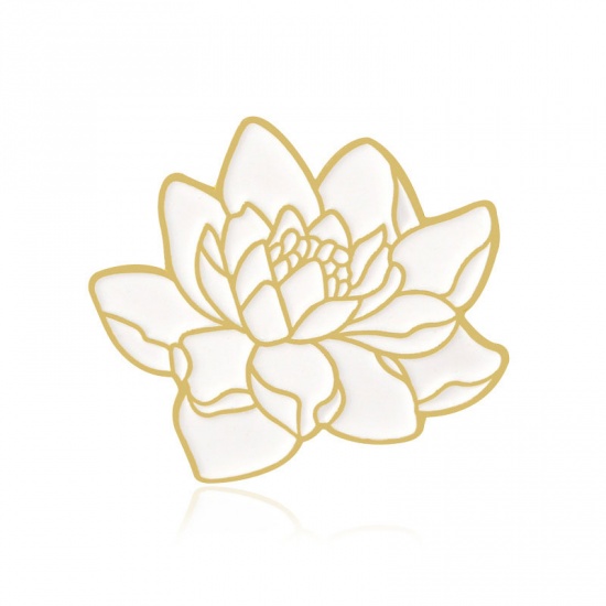 Picture of Pin Brooches Lotus Flower Gold Plated White 25mm x 23mm, 1 Piece