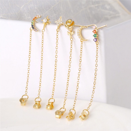 Picture of Sterling Silver Ear Thread Threader Earrings Gold Plated White Star Imitation Pearl 3.5cm, 1 Piece