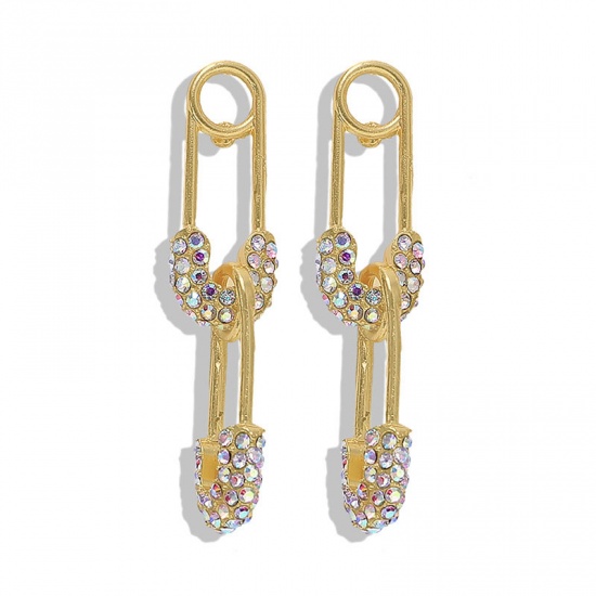 Picture of Earrings Gold Plated Pin Clear Rhinestone AB Color 5.1cm x 1cm, 1 Pair