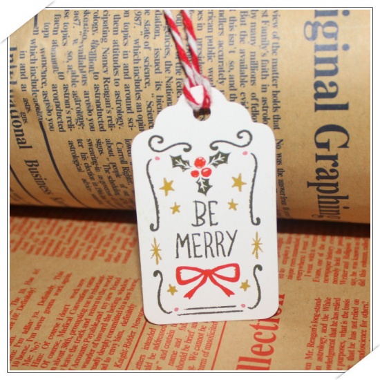 Picture of Paper Christmas Hanging Tags Rectangle Multicolor Bowknot Pattern " BE MERRY " 7cm x 4cm, 1 Set (Approx 50 PCs/Set)