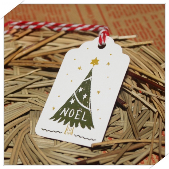 Picture of Paper Hanging Tags Rectangle Multicolor Christmas Tree Pattern " NOEL " 7cm x 4cm, 1 Set (Approx 50 PCs/Set)