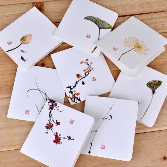 Picture of White - Lotus creative classical Chinese style greeting card White minimalist message diy folding birthday Christmas New Year's Day greeting card