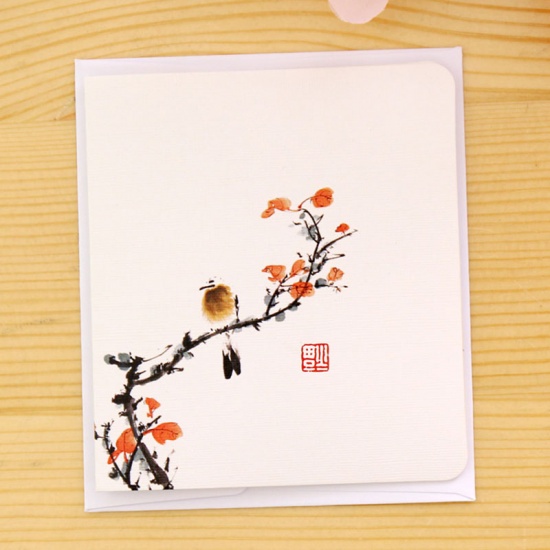 Picture of White - Flower and bird creative classical Chinese style greeting card White minimalist message diy folding birthday Christmas New Year's Day greeting card