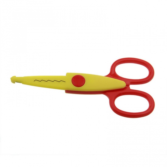 Picture of Red & Yellow - 4th large serrated manual diy photo album children's safety 5 inch lace scissors kindergarten fun scissors photo scissors