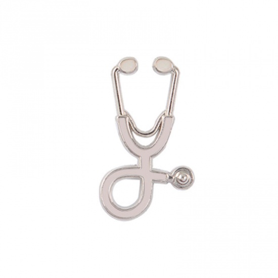 Picture of Pin Brooches Stethoscope Silver Tone White 26mm x 15mm, 1 Piece