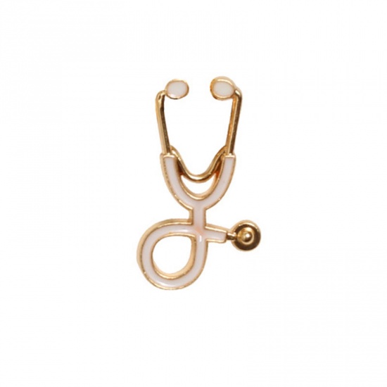 Picture of Pin Brooches Stethoscope Gold Plated White 26mm x 15mm, 1 Piece