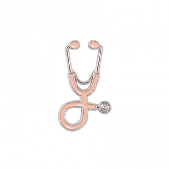 Picture of Pin Brooches Stethoscope Silver Tone Light Pink 26mm x 15mm, 1 Piece