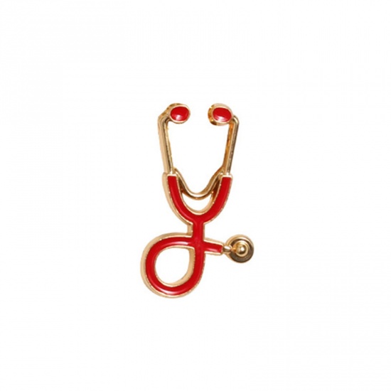 Picture of Pin Brooches Stethoscope Gold Plated Red 26mm x 15mm, 1 Piece