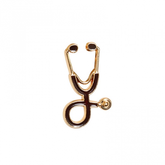 Picture of Pin Brooches Stethoscope Gold Plated Dark Coffee 26mm x 15mm, 1 Piece