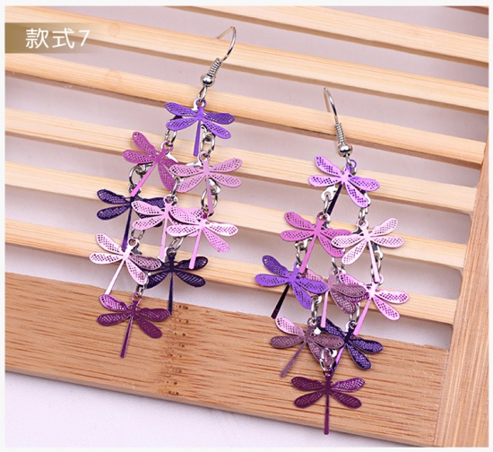 Picture of Brass Earrings Purple Dragonfly Animal 60mm x 28mm, 1 Pair                                                                                                                                                                                                    