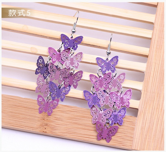 Picture of Brass Earrings Purple Butterfly Animal 60mm x 30mm, 1 Pair                                                                                                                                                                                                    