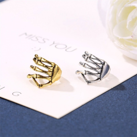 Picture of Brass Ear Cuffs Clip Wrap Earrings Antique Silver Color Skeleton Hand 10mm, 1 Piece                                                                                                                                                                           