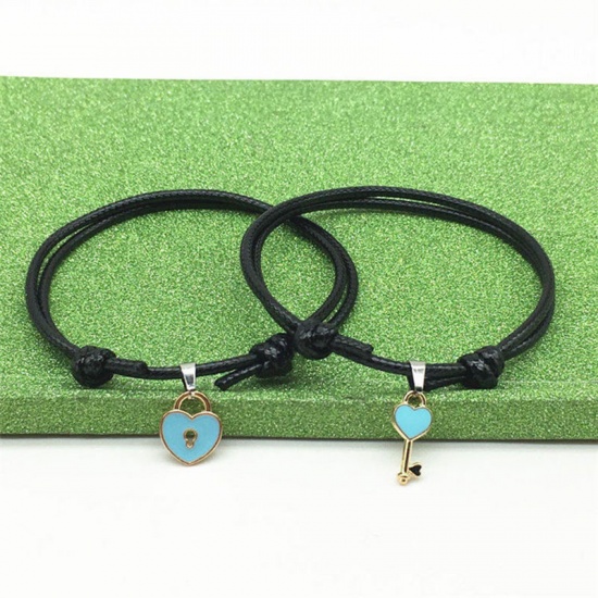 Picture of Bracelet Set Blue & Black Lovers Lock & Key Adjustable 25cm(9 7/8") long - 16cm(6 2/8") long, 1 Set ( 2 PCs/Set)