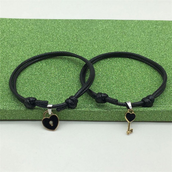 Picture of Bracelet Set Black Lovers Lock & Key Adjustable 25cm(9 7/8") long - 16cm(6 2/8") long, 1 Set ( 2 PCs/Set)