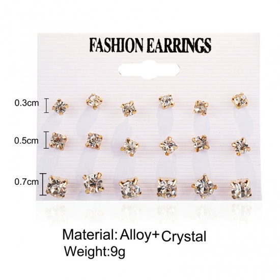 Picture of Ear Post Stud Earrings Set Gold Plated Clear Cubic Zirconia 7mm Dia. - 3mm Dia., 1 Set ( 9 Pairs/Set)