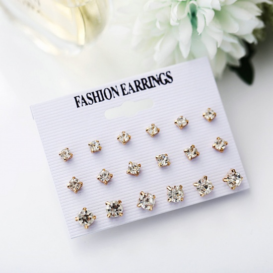 Picture of Ear Post Stud Earrings Set Gold Plated Clear Cubic Zirconia 7mm Dia. - 3mm Dia., 1 Set ( 9 Pairs/Set)