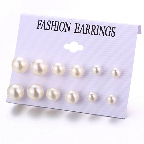 Picture of Ear Post Stud Earrings Set White Ball Imitation Pearl 8mm Dia. - 4mm Dia., 1 Set ( 6 Pairs/Set)