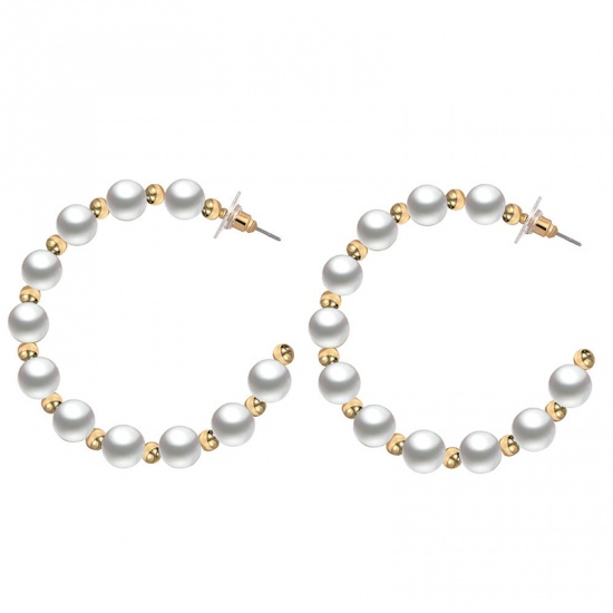 Picture of Hoop Earrings Gold Plated White Imitation Pearl C Shape 55mm x 55mm, 1 Pair