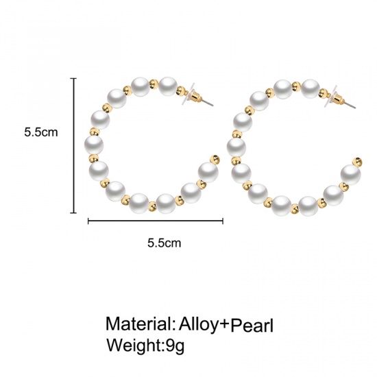Picture of Hoop Earrings Gold Plated White Imitation Pearl C Shape 55mm x 55mm, 1 Pair